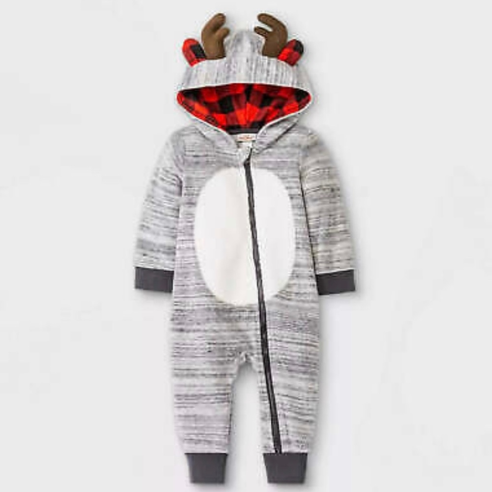 Baby Boys Heather Gray Reindeer Hooded Romper, 3-6Months- By Cat & Jack